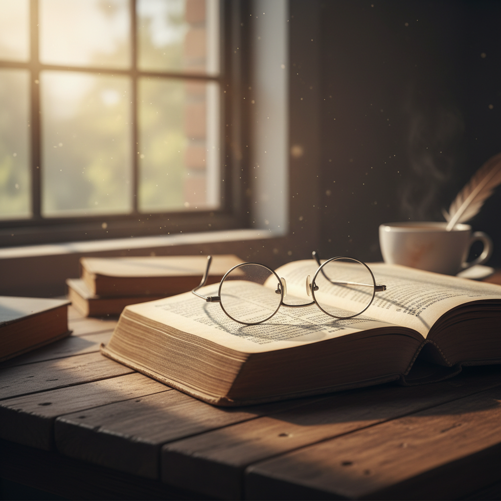 따뜻한 햇살이 비치는 창가 옆 투박한 나무 책상 위에 펼쳐진 두꺼운 철학 책과 그 위에 놓인 고전적인 안경, 종이의 질감이 느껴지는 고해상도 클로즈업 사진