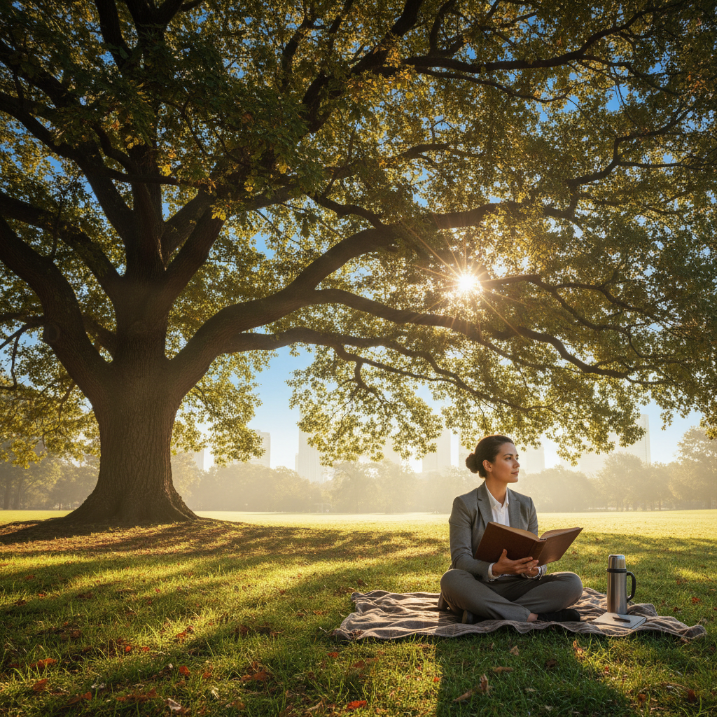 푸른 공원의 커다란 참나무 아래 앉아 깊은 사색에 잠겨 책을 읽는 사람의 평화로운 모습과 나뭇잎 사이로 쏟아지는 부드러운 햇살