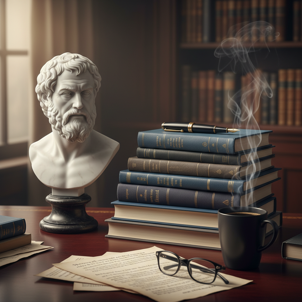 그리스 철학자의 대리석 흉상 옆에 쌓인 현대적인 양장본 도서들, 만년필, 그리고 김이 모락모락 나는 블랙커피가 놓인 어두운 마호가니 책상의 예술적 구도
